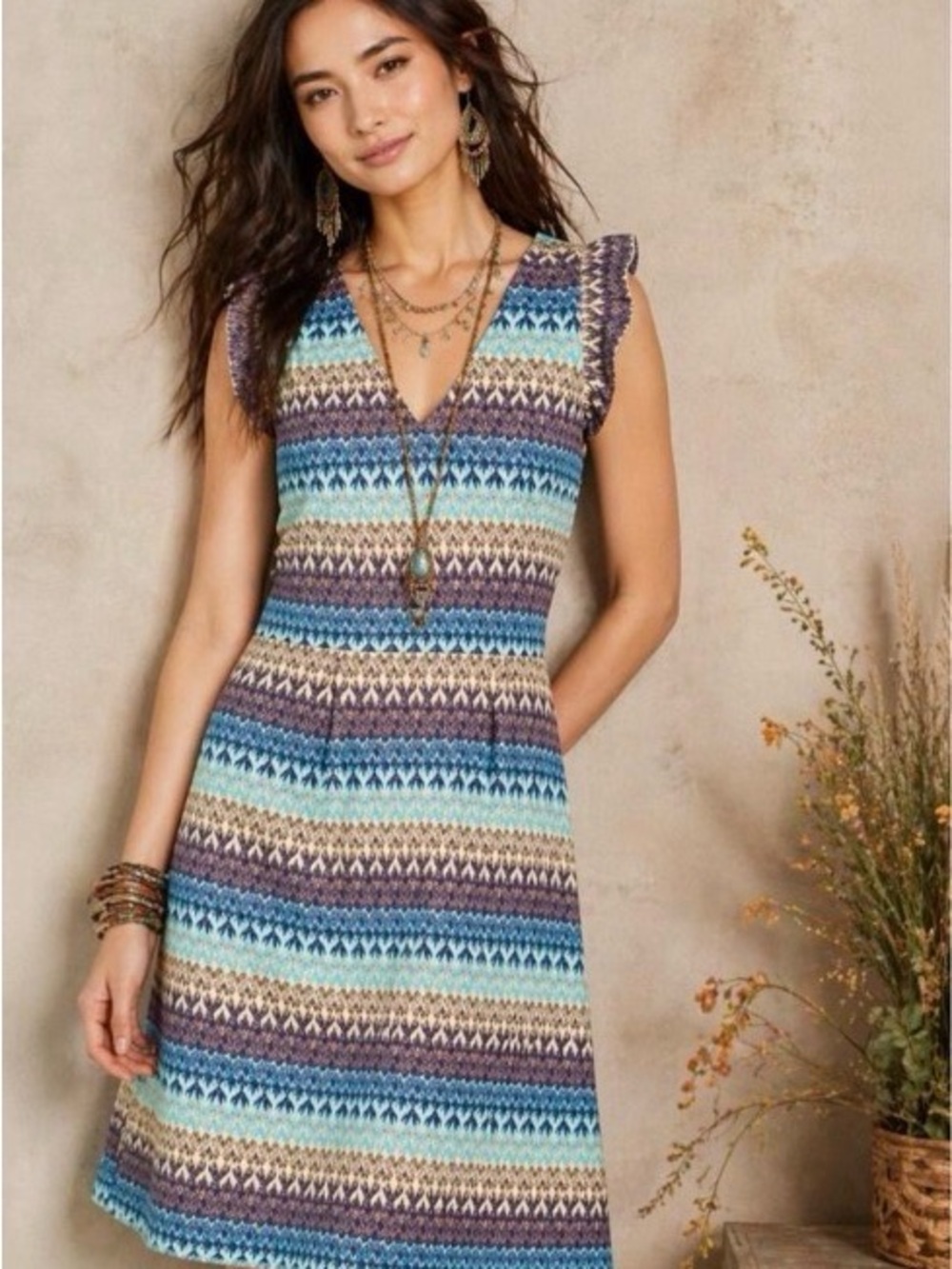 Anthropologie Blue & Cream Striped V‑Neck Knit Mini Dress